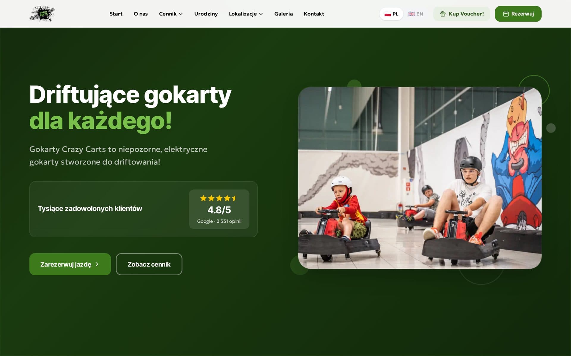 Strona główna crazycarts.pl z przyciskiem rezerwacji jazdy